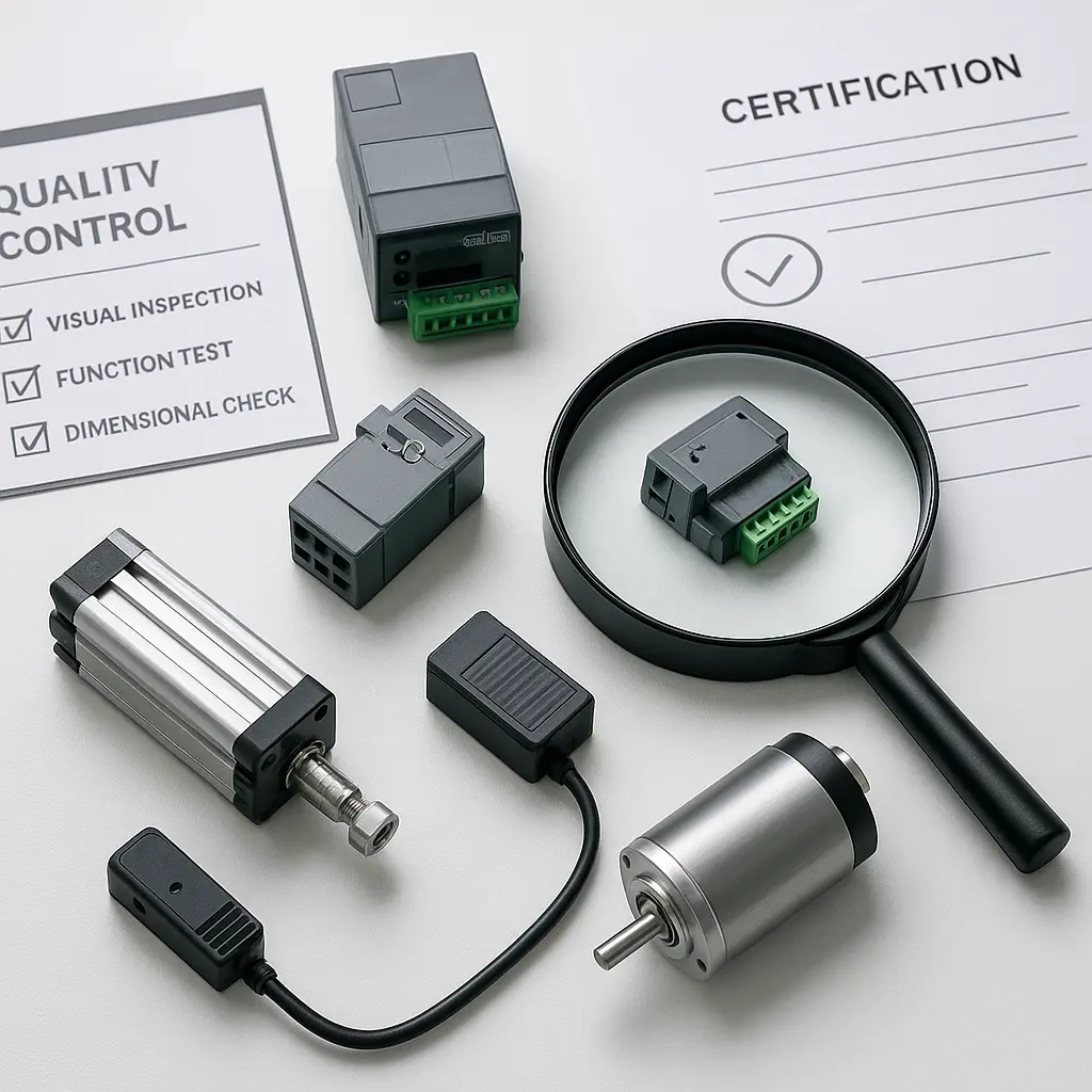 Quality inspection of automation parts with magnifying glass and verification documents