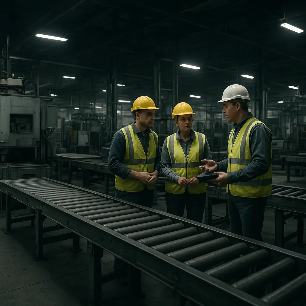 Manufacturing plant with halted production line during equipment downtime