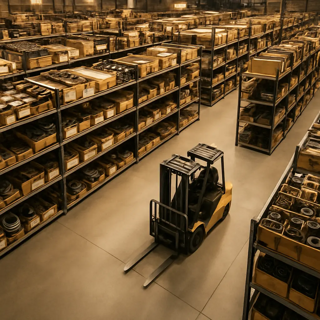 Organized warehouse inventory shelving with industrial spare parts and components