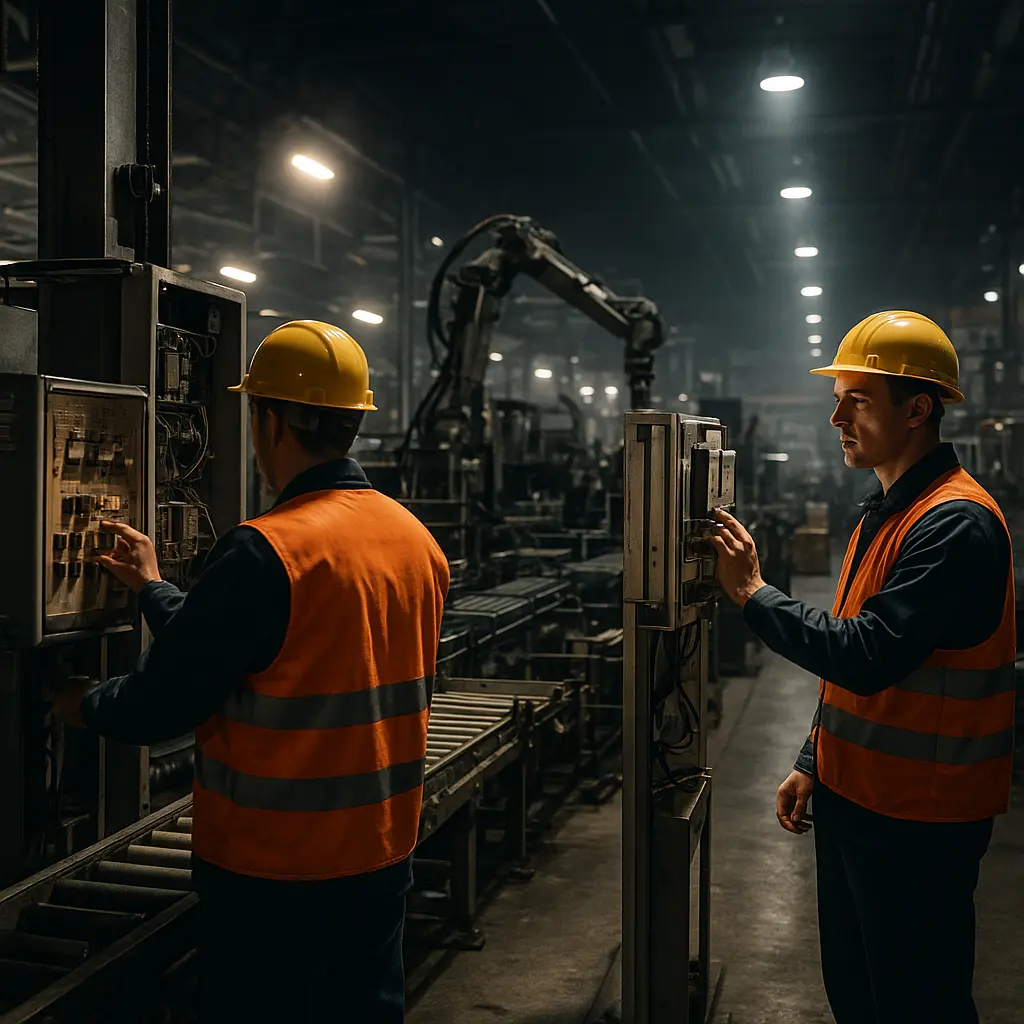 Production line workers troubleshooting a halted automated manufacturing system with control panels and PLC equipment