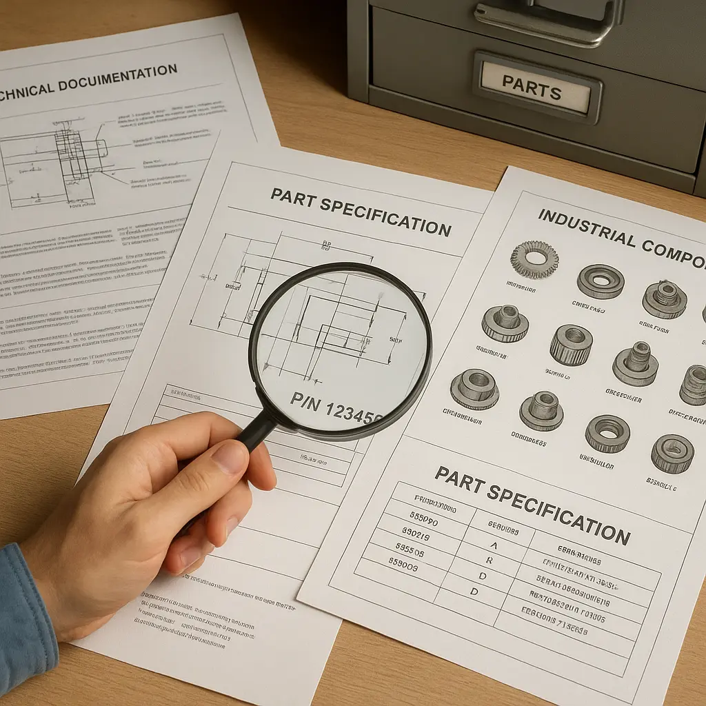 Technical documentation and part specification sheets being reviewed for accurate PLC component identification