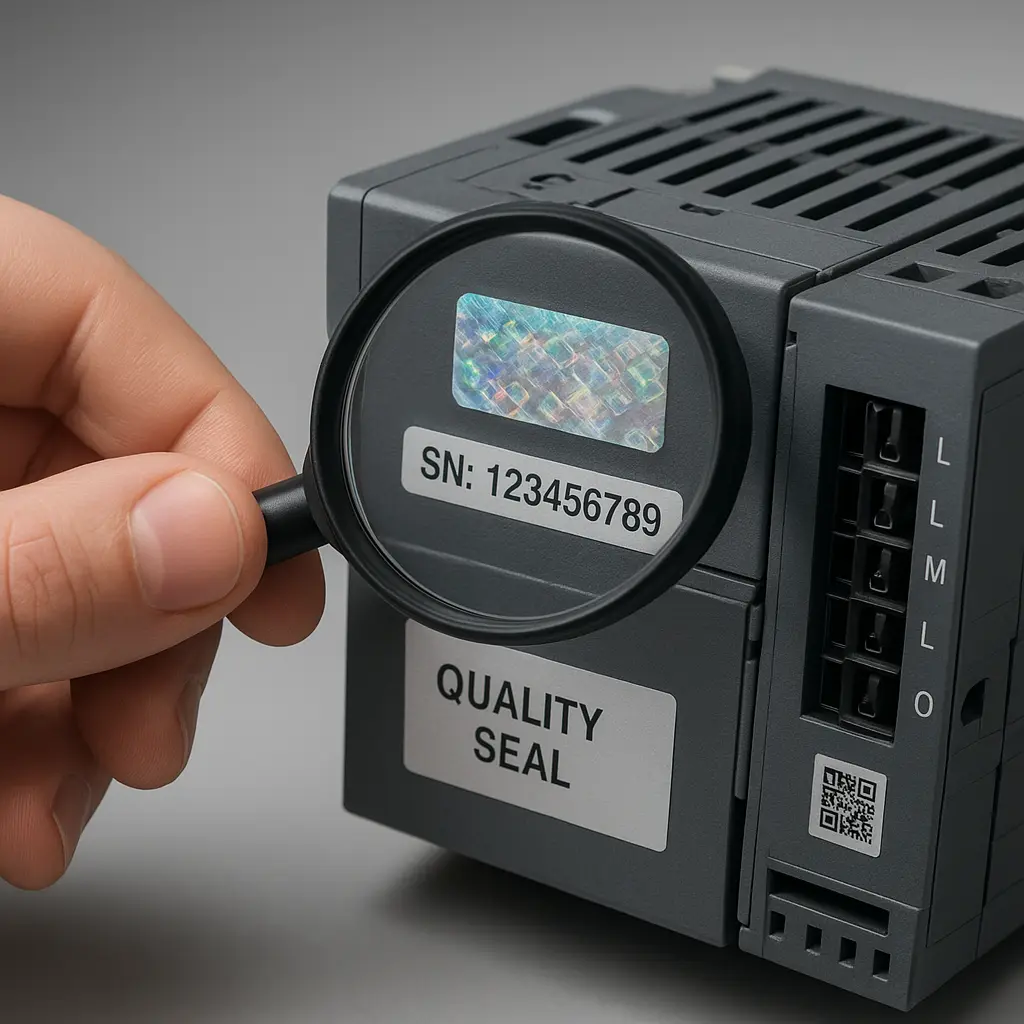 Close inspection of PLC serial numbers and security features with magnifying glass