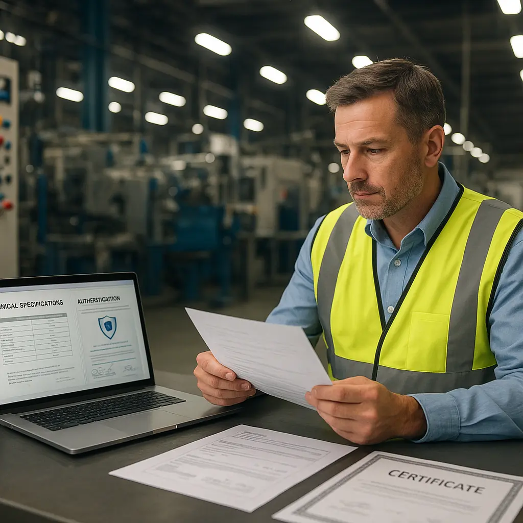Plant manager verifying supplier credentials and documentation at factory workstation