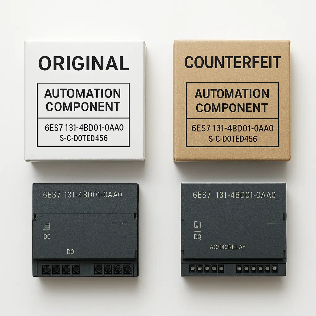 Side-by-side comparison of authentic and counterfeit automation component packaging