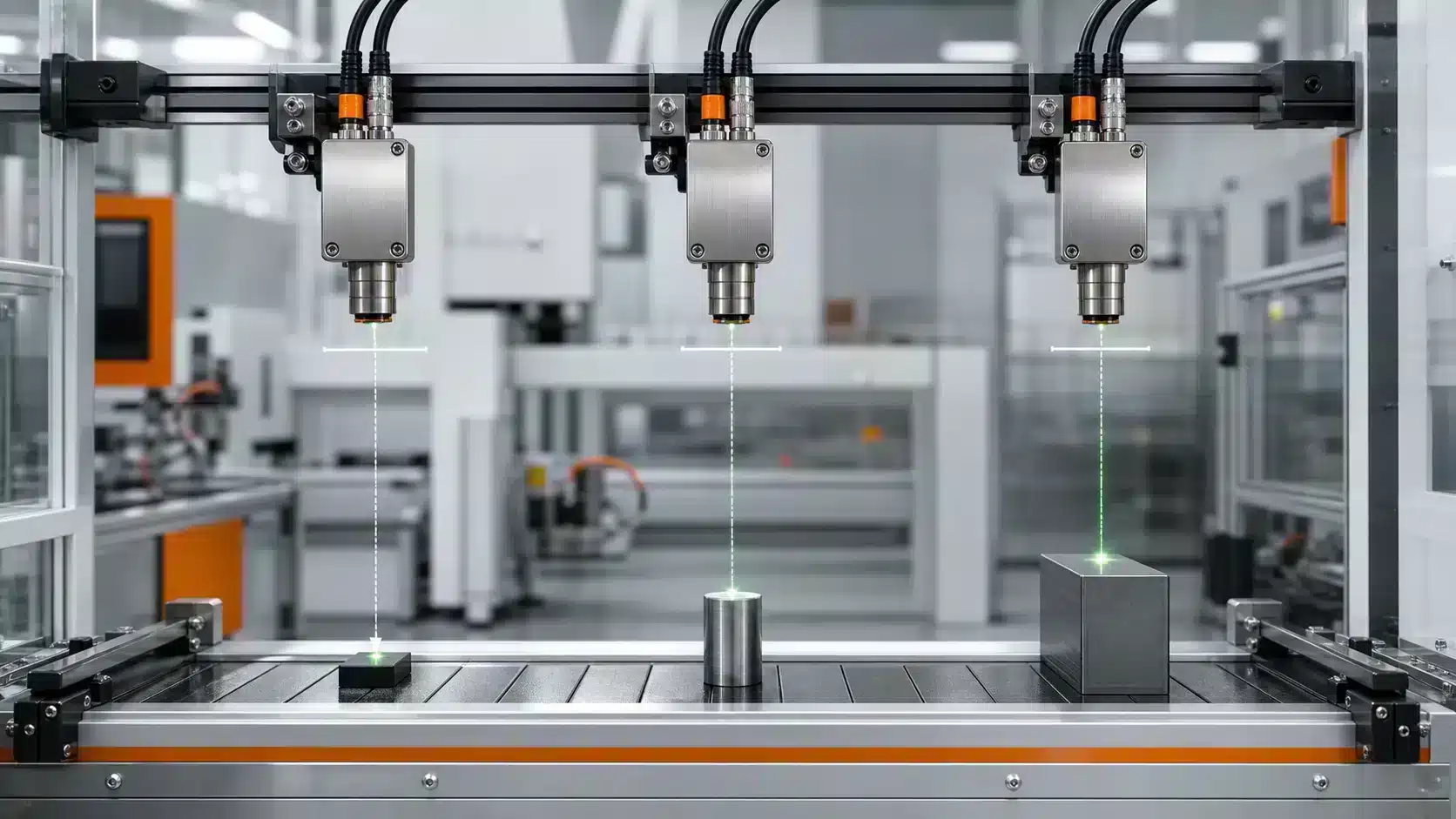 Three compact laser sensors measuring targets at different distances